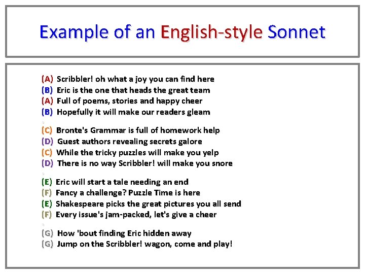 Example of an English-style Sonnet (A) Scribbler! oh what a joy you can find