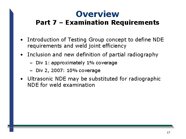 Overview Part 7 – Examination Requirements · Introduction of Testing Group concept to define