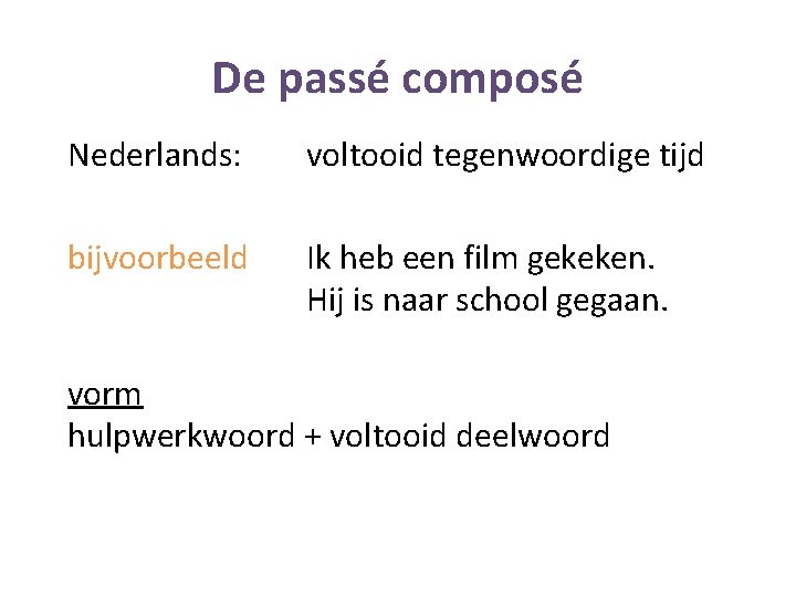 De passé composé Nederlands: voltooid tegenwoordige tijd bijvoorbeeld Ik heb een film gekeken. Hij