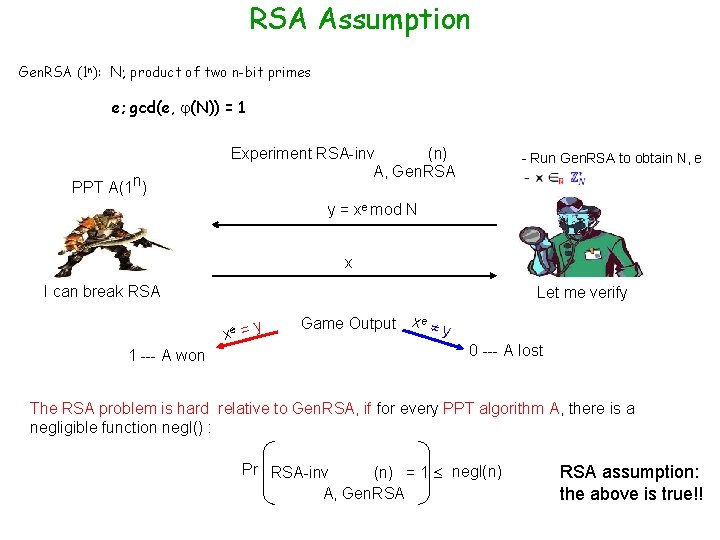 RSA Assumption Gen. RSA (1 n): N; product of two n-bit primes e; gcd(e,