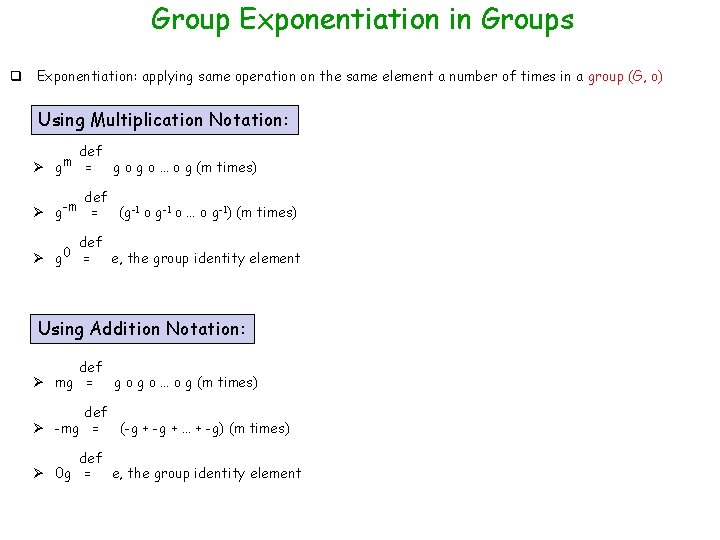 Group Exponentiation in Groups q Exponentiation: applying same operation on the same element a