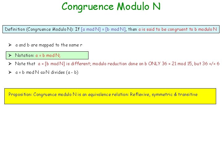 Congruence Modulo N Definition (Congruence Modulo N): If [a mod N] = [b mod