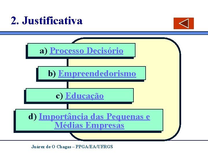 2. Justificativa a) Processo Decisório b) Empreendedorismo c) Educação d) Importância das Pequenas e