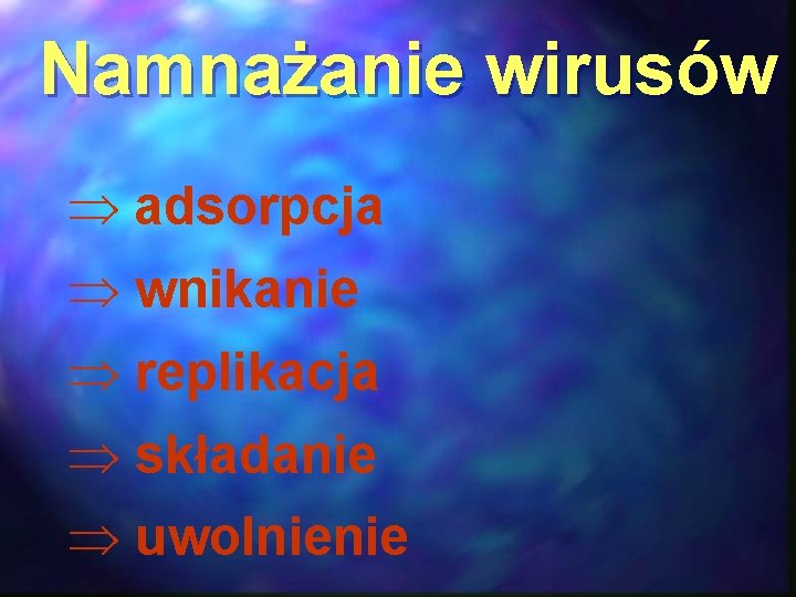 Namnażanie wirusów Þ adsorpcja Þ wnikanie Þ replikacja Þ składanie Þ uwolnienie 