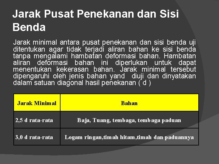 Jarak Pusat Penekanan dan Sisi Benda Jarak minimal antara pusat penekanan dan sisi benda