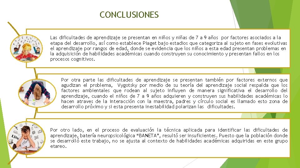 CONCLUSIONES Las dificultades de aprendizaje se presentan en niños y niñas de 7 a