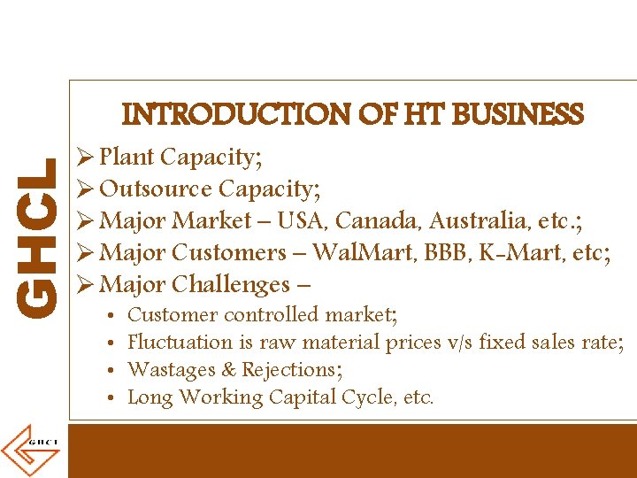 GHCL INTRODUCTION OF HT BUSINESS Ø Plant Capacity; Ø Outsource Capacity; Ø Major Market