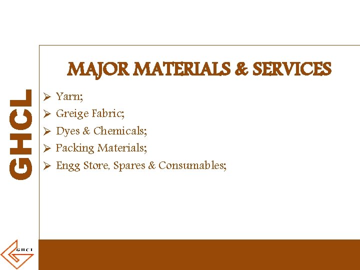 GHCL MAJOR MATERIALS & SERVICES Ø Ø Ø Yarn; Greige Fabric; Dyes & Chemicals;
