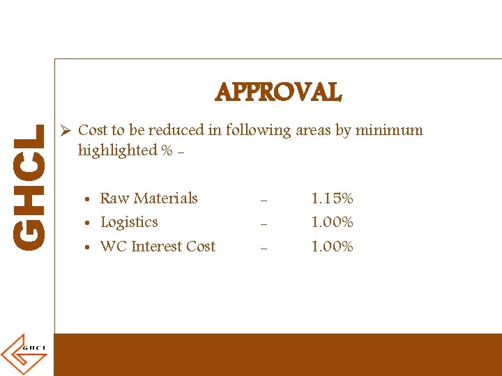 GHCL APPROVAL Ø Cost to be reduced in following areas by minimum highlighted %