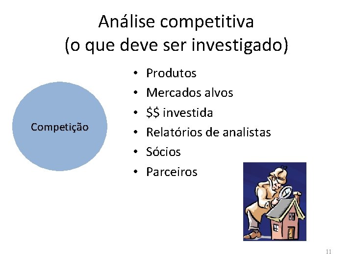 Análise competitiva (o que deve ser investigado) Competição • • • Produtos Mercados alvos