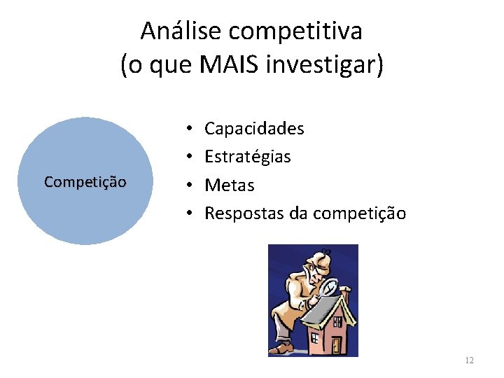 Análise competitiva (o que MAIS investigar) Competição • • Capacidades Estratégias Metas Respostas da