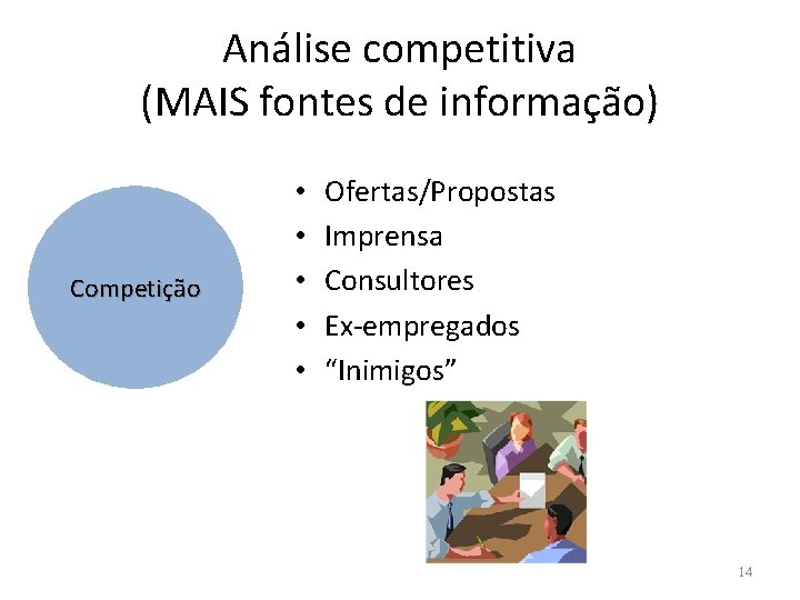 Análise competitiva (MAIS fontes de informação) Competição • • • Ofertas/Propostas Imprensa Consultores Ex-empregados