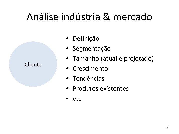 Análise indústria & mercado Cliente • • Definição Segmentação Tamanho (atual e projetado) Crescimento