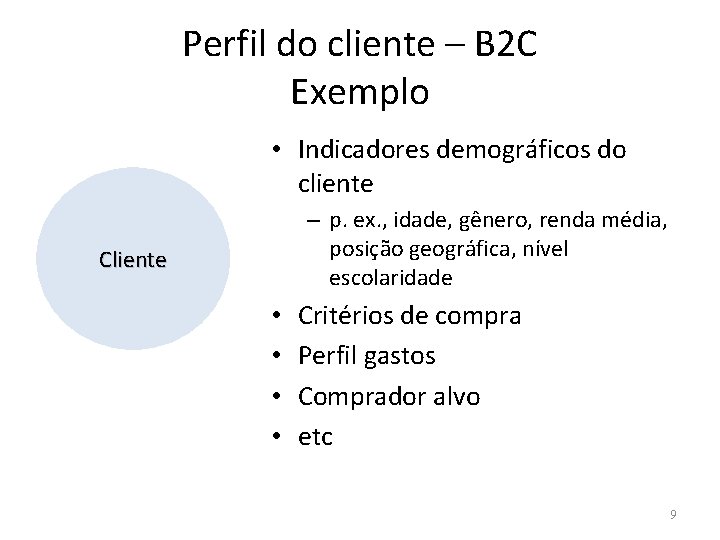 Perfil do cliente – B 2 C Exemplo • Indicadores demográficos do cliente –