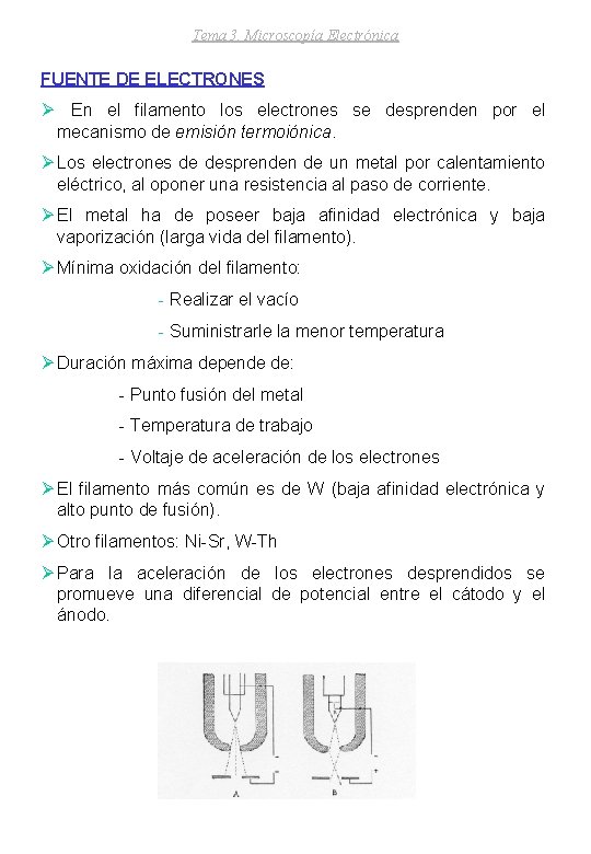 Tema 3. Microscopía Electrónica FUENTE DE ELECTRONES Ø En el filamento los electrones se