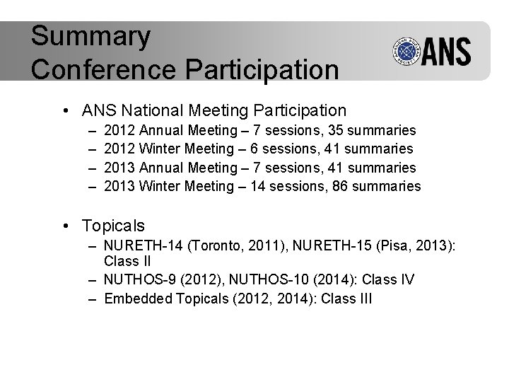 Summary Conference Participation • ANS National Meeting Participation – – 2012 Annual Meeting –