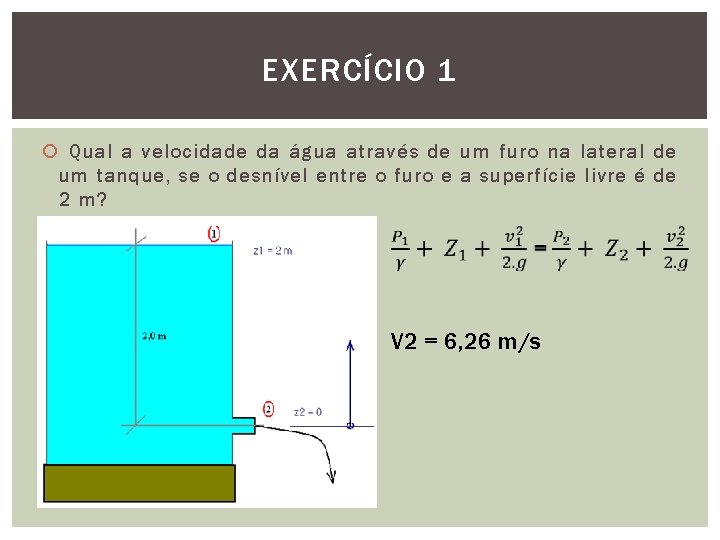 EXERCÍCIO 1 Qual a velocidade da água através de um furo na lateral de