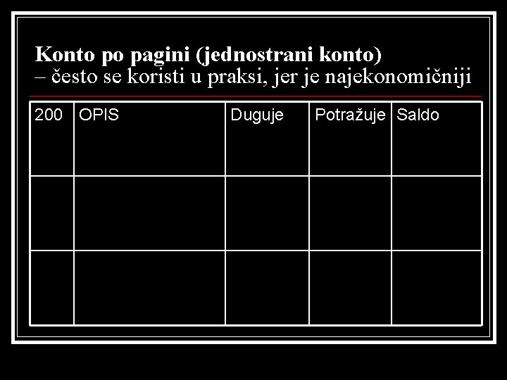 Konto po pagini (jednostrani konto) – često se koristi u praksi, jer je najekonomičniji