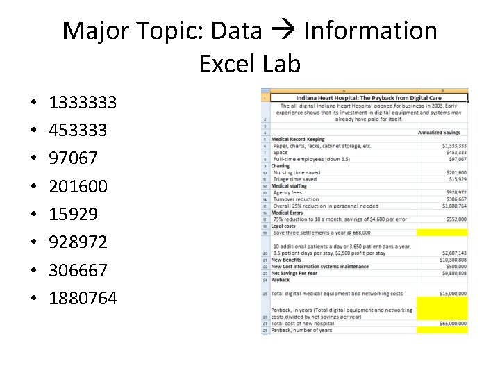 Major Topic: Data Information Excel Lab • • 1333333 453333 97067 201600 15929 928972