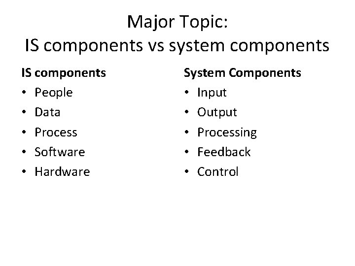 Major Topic: IS components vs system components IS components • People • Data •