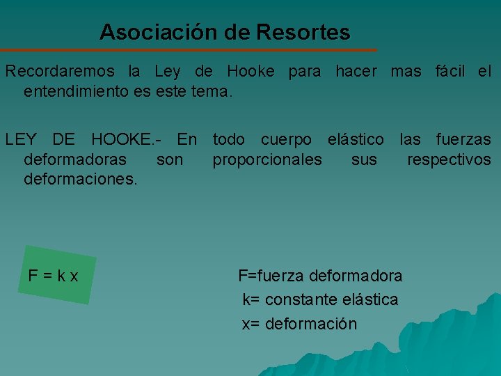 Asociación de Resortes Recordaremos la Ley de Hooke para hacer mas fácil el entendimiento
