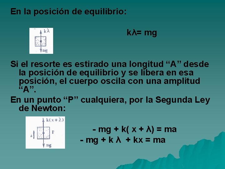 En la posición de equilibrio: k λ= mg Si el resorte es estirado una