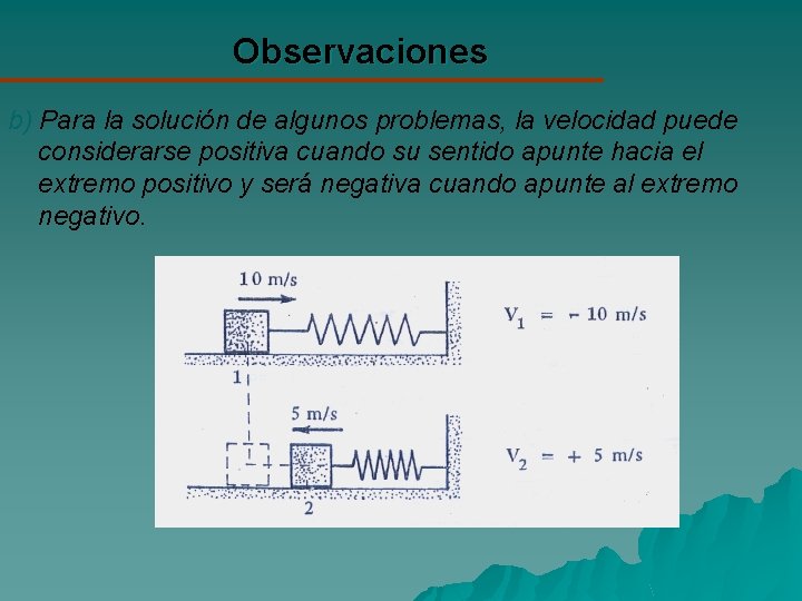 Observaciones b) Para la solución de algunos problemas, la velocidad puede considerarse positiva cuando