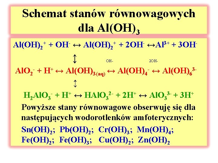 Schemat stanów równowagowych dla Al(OH)3 Al(OH)2+ + OH- ↔ Al(OH)2+ + 2 OH- ↔Al