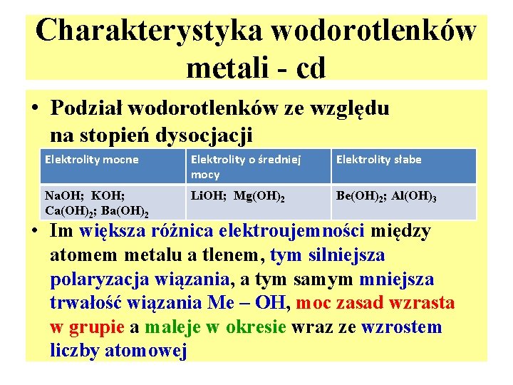 Charakterystyka wodorotlenków metali - cd • Podział wodorotlenków ze względu na stopień dysocjacji Elektrolity