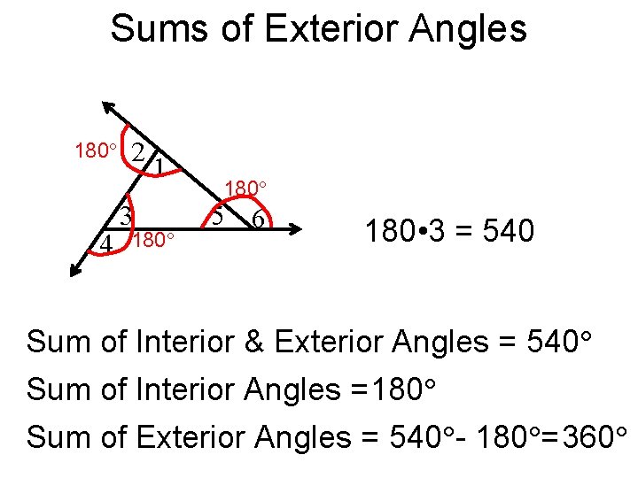 Sums of Exterior Angles 180 4 2 3 1 180 5 6 180 •