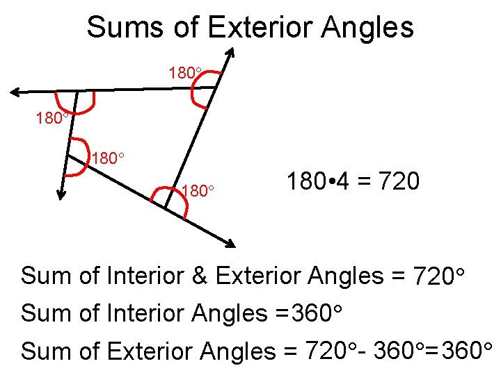 Sums of Exterior Angles 180 180 • 4 = 720 Sum of Interior &