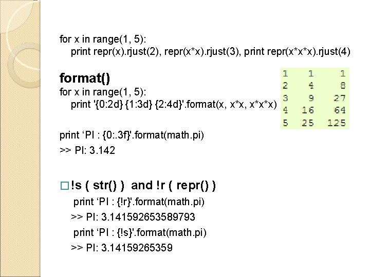 for x in range(1, 5): print repr(x). rjust(2), repr(x*x). rjust(3), print repr(x*x*x). rjust(4) format()