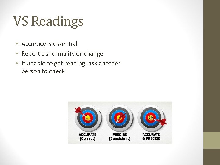 VS Readings • Accuracy is essential • Report abnormality or change • If unable