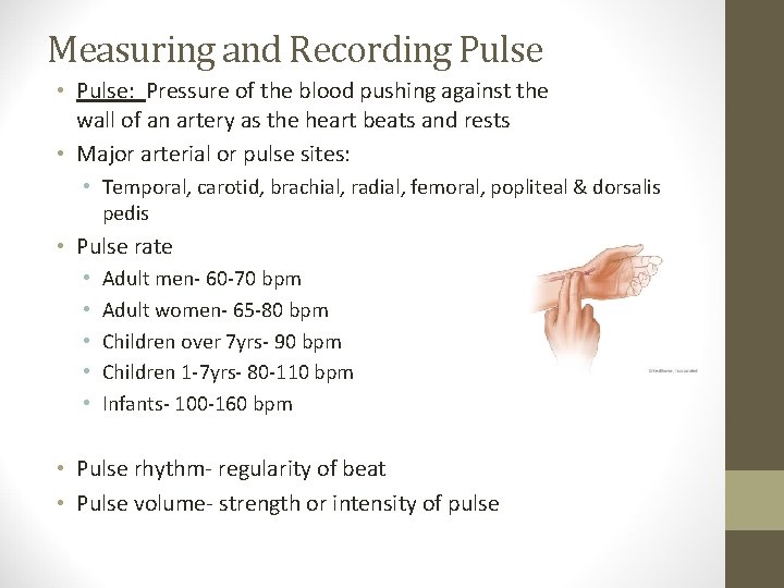 Measuring and Recording Pulse • Pulse: Pressure of the blood pushing against the wall