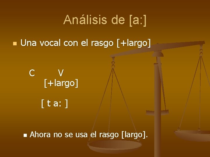 Análisis de [a: ] n Una vocal con el rasgo [+largo] C V [+largo]