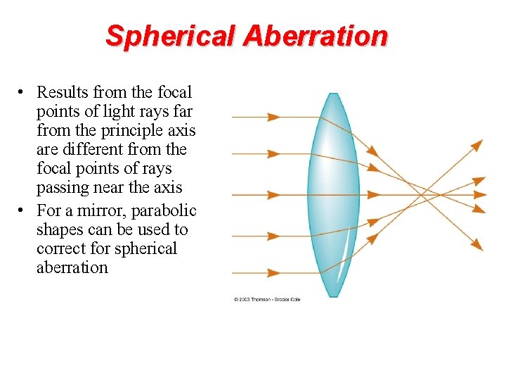 Spherical Aberration • Results from the focal points of light rays far from the