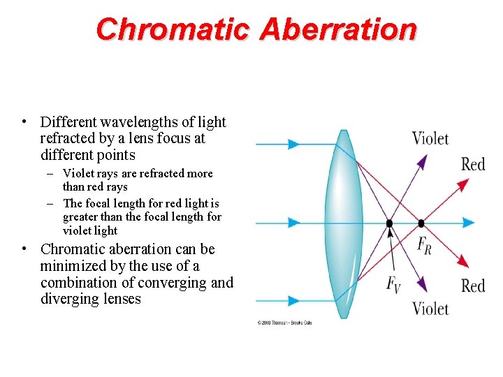 Chromatic Aberration • Different wavelengths of light refracted by a lens focus at different