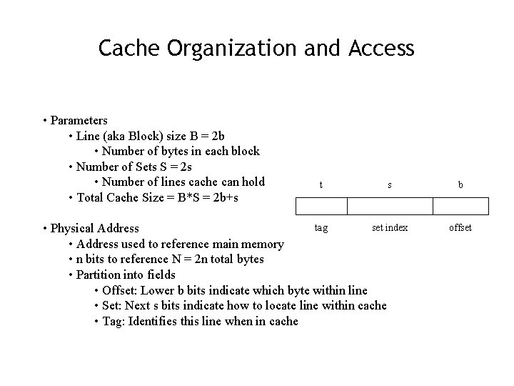 Cache Organization and Access • Parameters • Line (aka Block) size B = 2