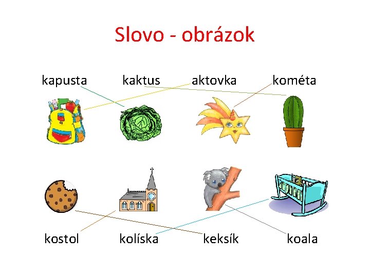 Slovo - obrázok kapusta kaktus aktovka kométa kostol kolíska keksík koala 