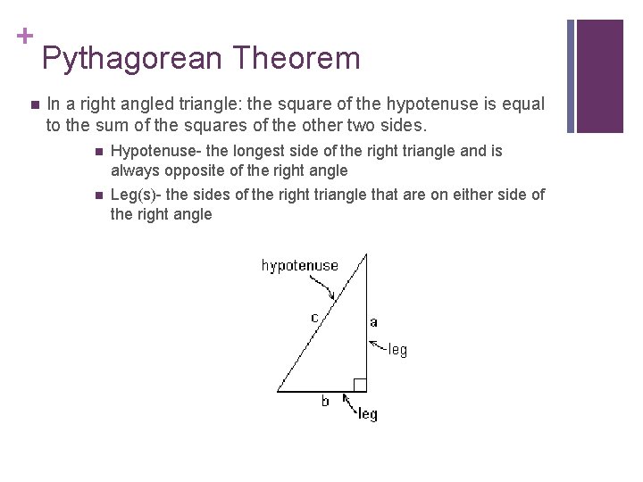 + n Pythagorean Theorem In a right angled triangle: the square of the hypotenuse