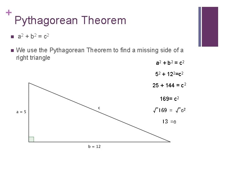 + n n Pythagorean Theorem a 2 + b 2 = c 2 We