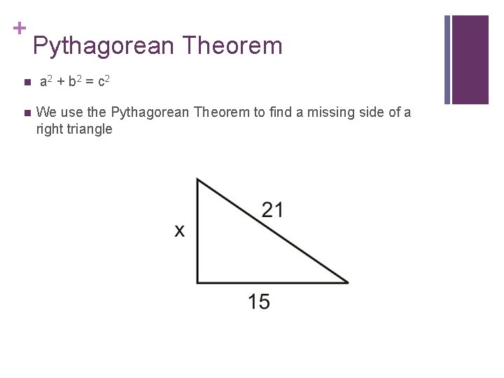 + n n Pythagorean Theorem a 2 + b 2 = c 2 We