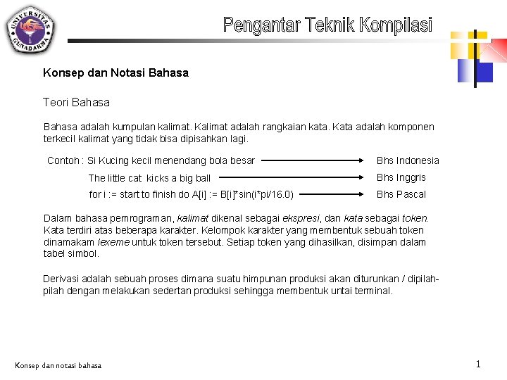 Konsep dan Notasi Bahasa Teori Bahasa adalah kumpulan kalimat. Kalimat adalah rangkaian kata. Kata