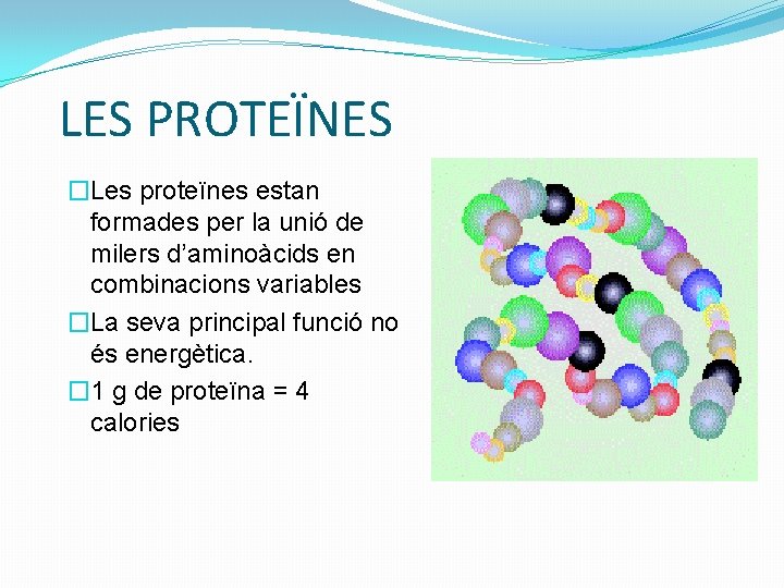 LES PROTEÏNES �Les proteïnes estan formades per la unió de milers d’aminoàcids en combinacions