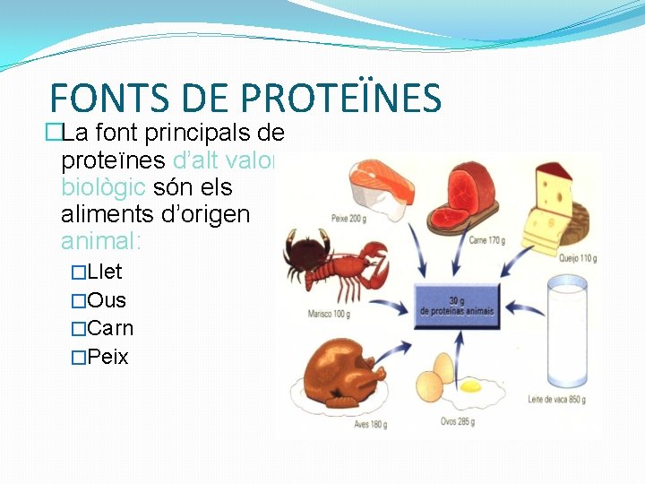 FONTS DE PROTEÏNES �La font principals de proteïnes d’alt valor biològic són els aliments
