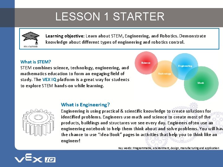 LESSON 1 STARTER Learning objective: Learn about STEM, Engineering, and Robotics. Demonstrate knowledge about LESSON 1 STARTER Learning objective: Learn about STEM, Engineering, and Robotics. Demonstrate knowledge about