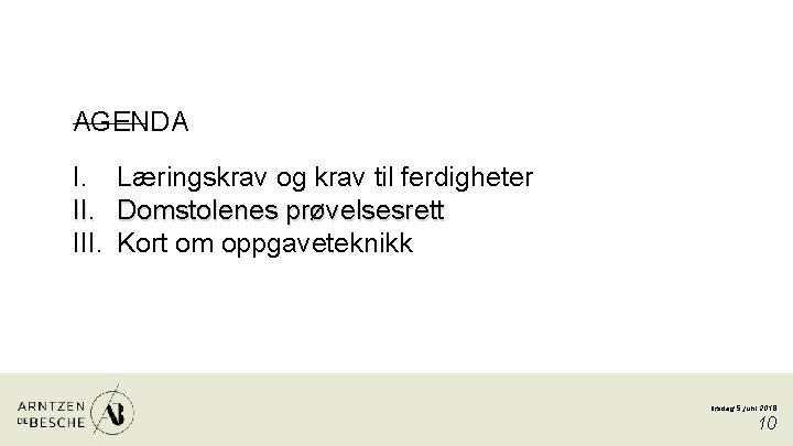 AGENDA I. III. Læringskrav og krav til ferdigheter Domstolenes prøvelsesrett Kort om oppgaveteknikk tirsdag