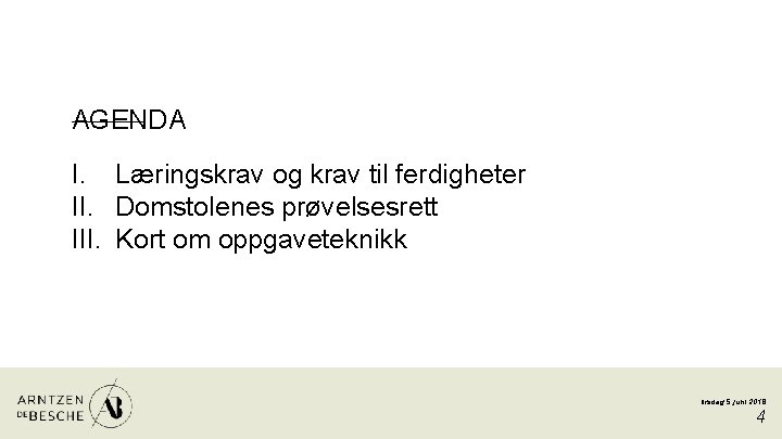 AGENDA I. Læringskrav og krav til ferdigheter II. Domstolenes prøvelsesrett III. Kort om oppgaveteknikk