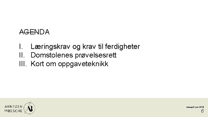 AGENDA I. Læringskrav og krav til ferdigheter II. Domstolenes prøvelsesrett III. Kort om oppgaveteknikk