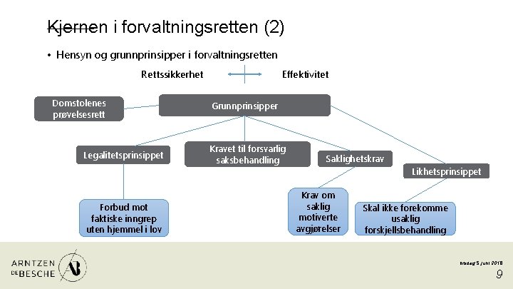 Kjernen i forvaltningsretten (2) • Hensyn og grunnprinsipper i forvaltningsretten Rettssikkerhet Domstolenes prøvelsesrett Legalitetsprinsippet